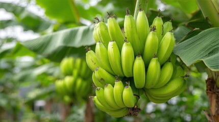 Clusters of vibrant green bananas hang from their stems in a tropical plantation on a sunny day, surrounded by large banana leaves. The scene captures the essence of agricultural abundance.