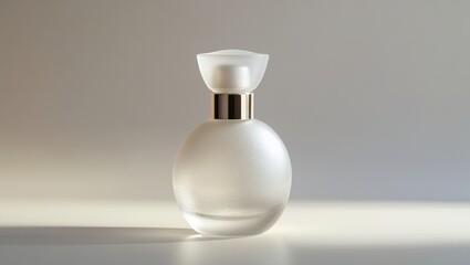 Elegant frosted glass perfume bottle with golden cap on a neutral gradient background