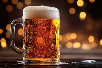 Frothy mug of golden beer with bubbles, on a rustic wooden table, blurred background. Ideal for ads, menus, or social media, evokes relaxation and celebration.
