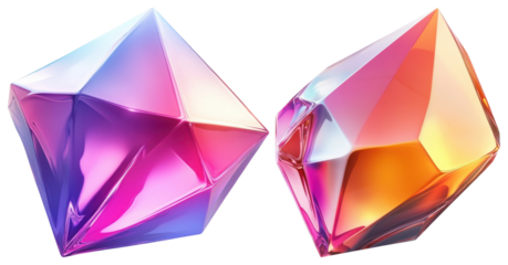 PNG Two colorful, faceted, iridescent geometric crystals element set on transparent background.