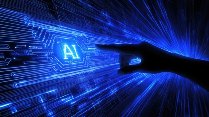 Hand pointing to an ai symbol on a circuit board.