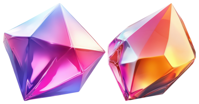 PNG Two colorful, faceted, iridescent geometric crystals element set on transparent background.