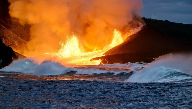 golden lava flow meets ocean waves