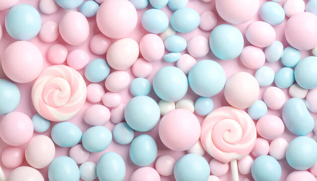 Pastel pink and blue candy assortment, featuring numerous small round candies and two prominent swirl lollipops.  A delightful, sweet background texture