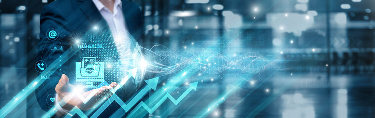 Businessman holding telehealth innovation icon and integrated digital global network, remote...