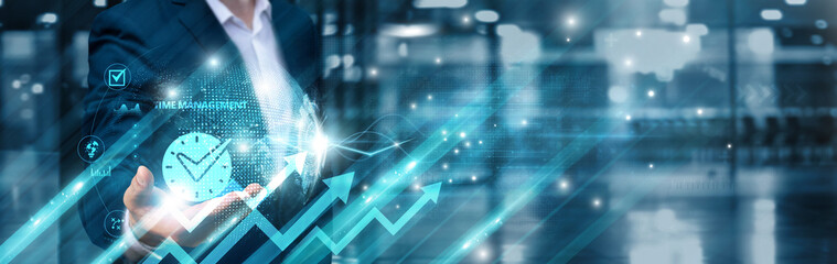 Businessman holding time management icon and intelligent synchronization global network, optimized...