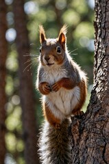 Fototapeta premium Curious red squirrel perched on a tree trunk against a blurred woodland background, cute and playful, copy space