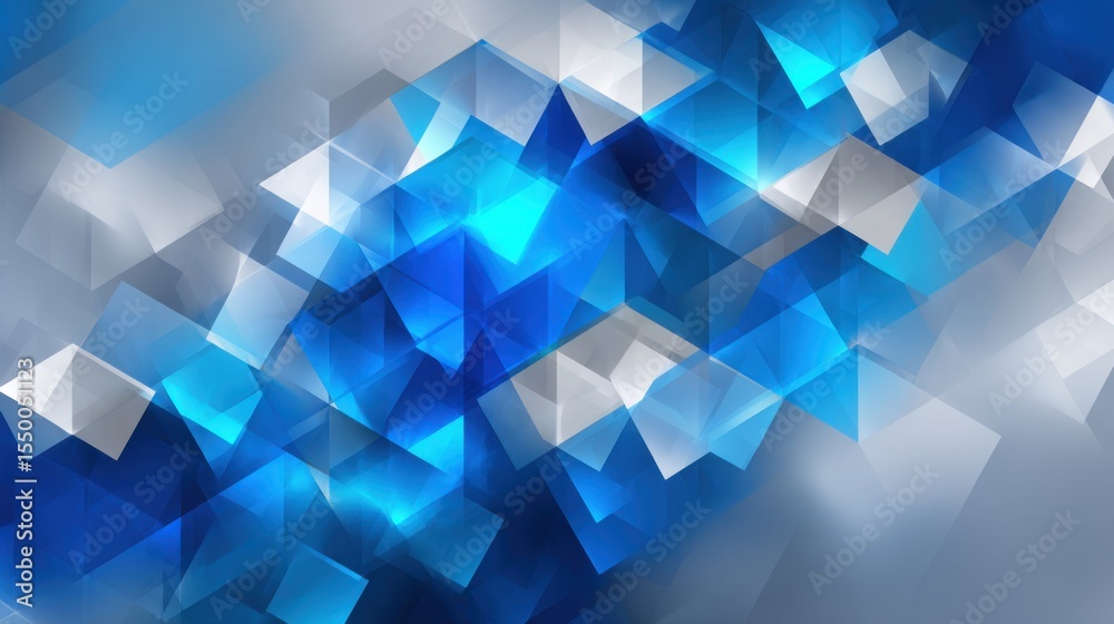 Poster this vibrant design features an array of blue and white geometric shapes arranged in an abstract pat