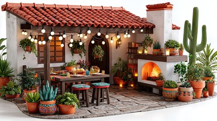 Obraz premium Cozy Mediterranean patio with warm fireplace and abundant greenery, realistic miniature 3D isometric model