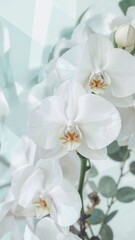 Elegant white orchid flowers with soft green leaves and abstract geometric background