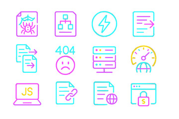 Neon icons highlight web development and coding themes