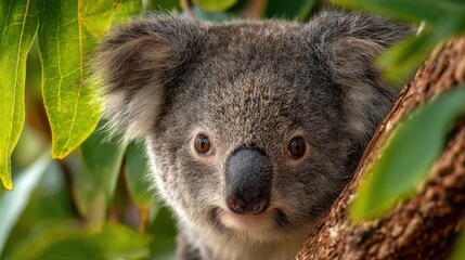 Obraz premium A koala is perched on a sturdy tree branch, partially hidden by lush green leaves. The sun shines brightly, highlighting its soft fur and curious expression, typical of Australian wildlife.