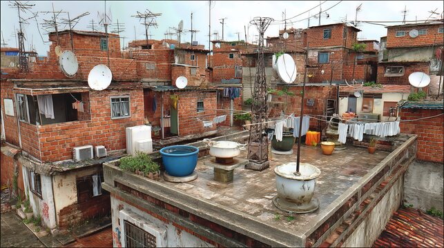 A detailed realistic miniature 3D isometric model of a densely packed urban slum area with red brick buildings, satellite dishes, and clothes hanging on lines - Powered by Adobe