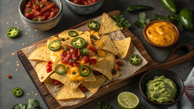"Flat lay of nachos loaded with cheese, jalapeños, salsa and guac, messy and appetizing look, bold shadows, rustic wood base."

 - Powered by Adobe