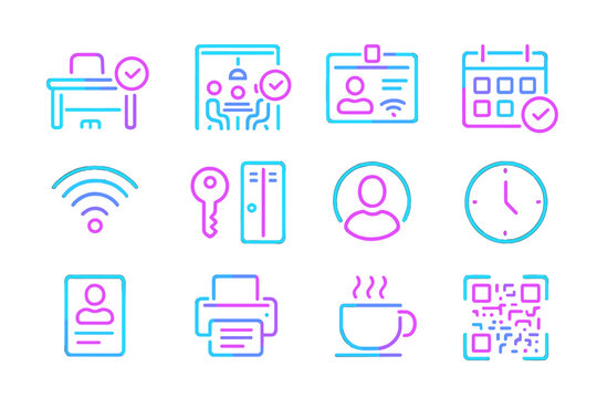 Neon office icons: desk, id, calendar, wifi, key, printer, qr code