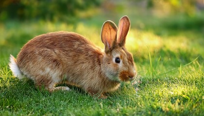Fototapeta premium adorable brown bunny on a lush green lawn