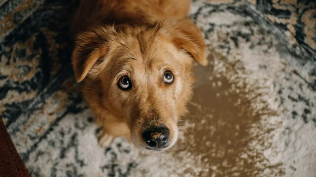 Curious golden dog looking up on patterned rug in cozy home setting