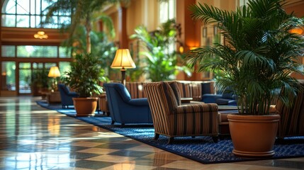 Luxurious hotel lobby with plush seating and tropical plants
