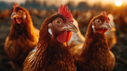 Naklejka premium Chickens are seen foraging on a rural farm during sunset, with soft golden light highlighting their vibrant feathers and expressive features. The serene atmosphere enhances the natural beauty.
