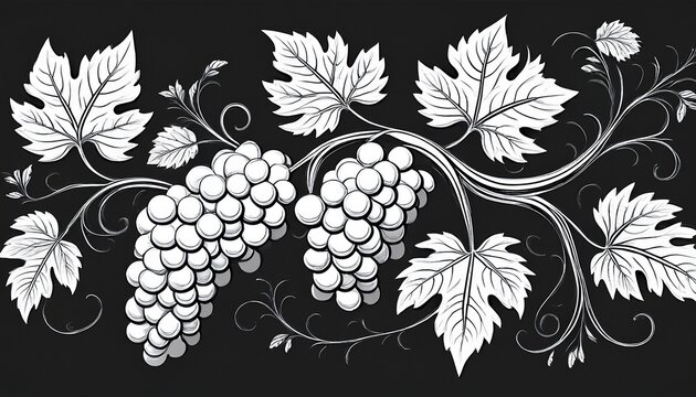 vine branch with grapes and leaves in elegant black and white design