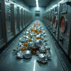 Machine room warning using silver wrapped candies and tinfoil covered sweets