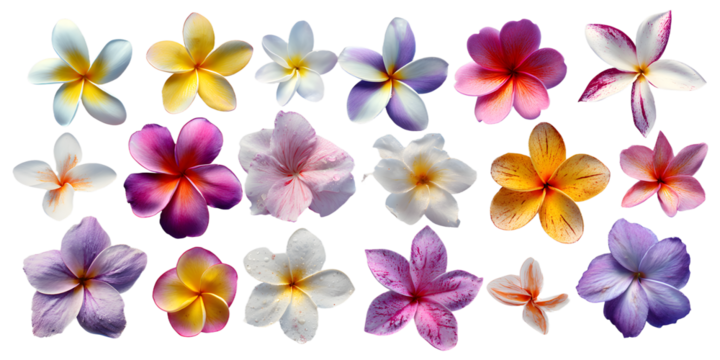 Variety of isolated frangipani flowers featuring different colors and shapes on a transparent background showcasing floral diversity and aesthetics