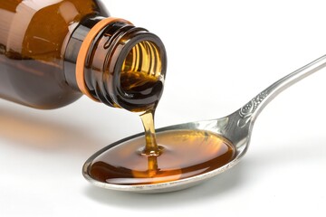 Pouring cough syrup into spoon concept