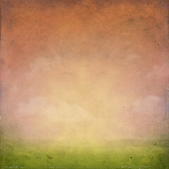 Obraz premium Vintage textured background with warm sunset tones blending into soft green, featuring subtle clouds and distressed details. Ideal for artistic designs, posters, scrapbooking, and creative projects.