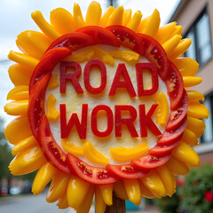 Road work sign made from tomato slices and yellow bell peppers