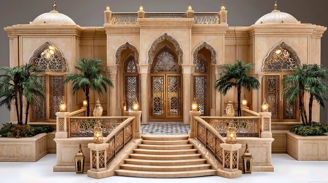 a luxury Dubai-style villa in miniature, sandy beige walls, ornate arched doorways, rooftop terrace with mosaic flooring, miniature palms, golden lanterns, carved window lattice 