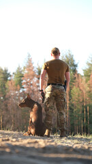 A man in military camouflage uniform walks through a pine forest with his Doberman dog. Soldier in summer
