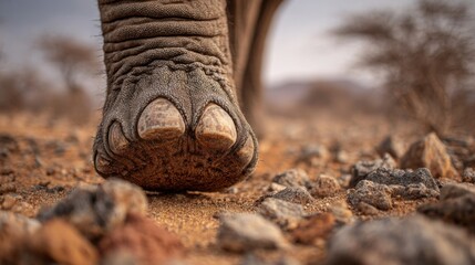 Naklejka premium A majestic elephant's foot makes contact with the rocky ground as it strolls through the African savanna at dusk. The warm light highlights the landscape and textures around.