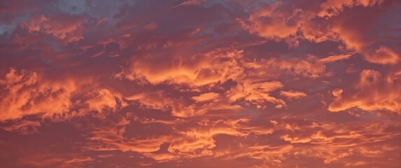Vibrant orange and pink clouds illuminated by sunset light in a dramatic evening sky