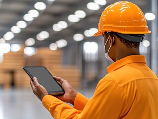 Worker using tablet in warehouse