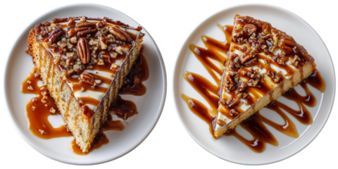 Set of a slice of caramel cake arranged on a white plate isolated on transparent or white background