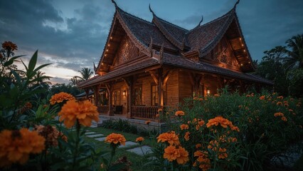 Obraz premium Traditional Thai wooden house with ornate roof surrounded by vibrant orange flowers at dusk