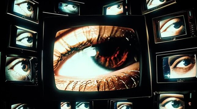 Close-up of an eye on a television screen surrounded by other screens