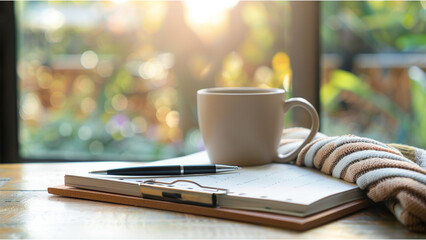 Teacher’s lesson planner template on clipboard with coffee mug and pen, clean and organized style, soft tones. Illustrated with Ai.