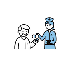 A caring nurse offering medication to an elderly patient.
