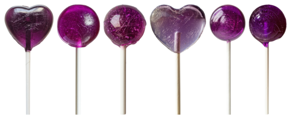PNG Purple lollipops in round and heart shapes on sticks element set on transparent background.