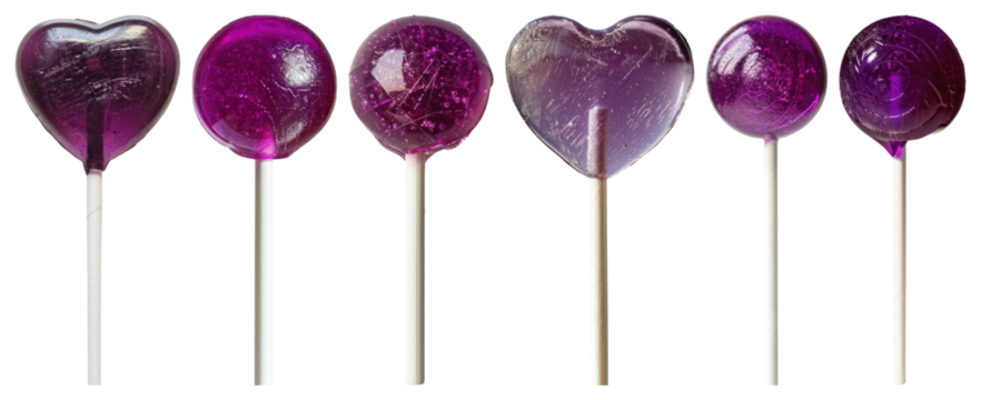 PNG Purple lollipops in round and heart shapes on sticks element set on transparent background.