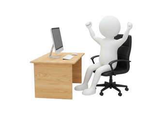Happy 3d person at desk computer isolated on transparent background