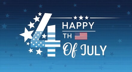 Happy 4th of July graphic with patriotic flag elements and stars on a blue background, perfect for Independence Day celebrations, American holidays, and national pride designs