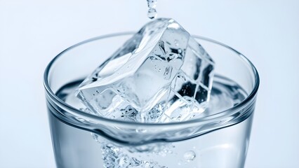 Close up view of a ice cube dropping into glass