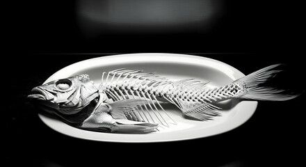 Monochromatic Fish Skeleton Still Life In Elegant Dish On Black Backdrop