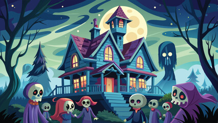 A charming cartoon fairy tale castle and house illuminate a fantasy winter village street under a moonlit night sky