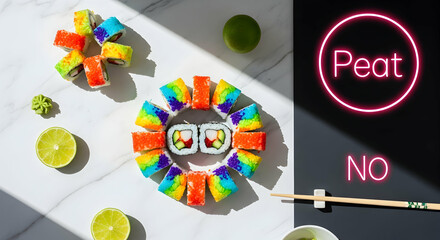Vibrant Sushi Platter With No Peat Message For Eco Conscious Dining