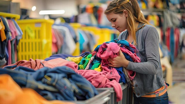 Young woman sorting colorful secondhand clothes in a textile recycling center for reuse and sustainability