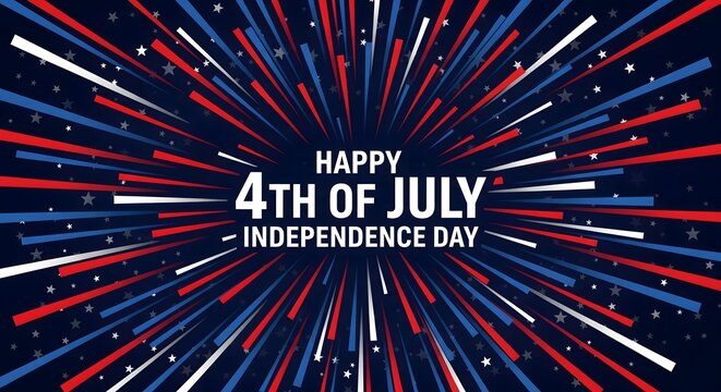 Happy 4th of July Independence Day with an abstract patriotic explosion of red, white, and blue lines, perfect for American holiday celebrations and vibrant backgrounds