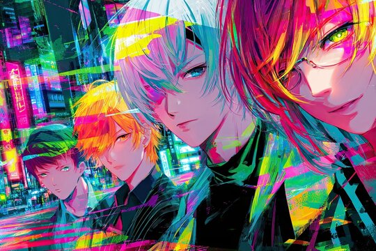 Stylish anime boys posing in a vibrant cyberpunk city